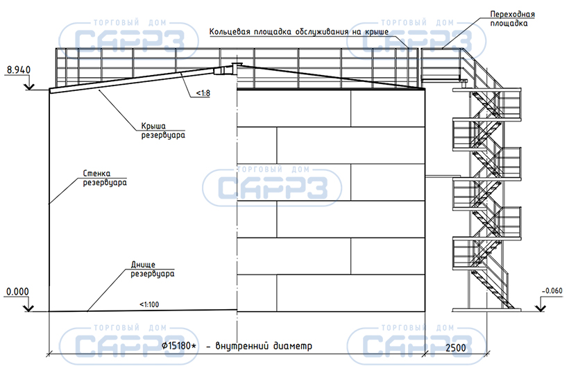 Чертеж вертикального резервуара объемом 1500 м3